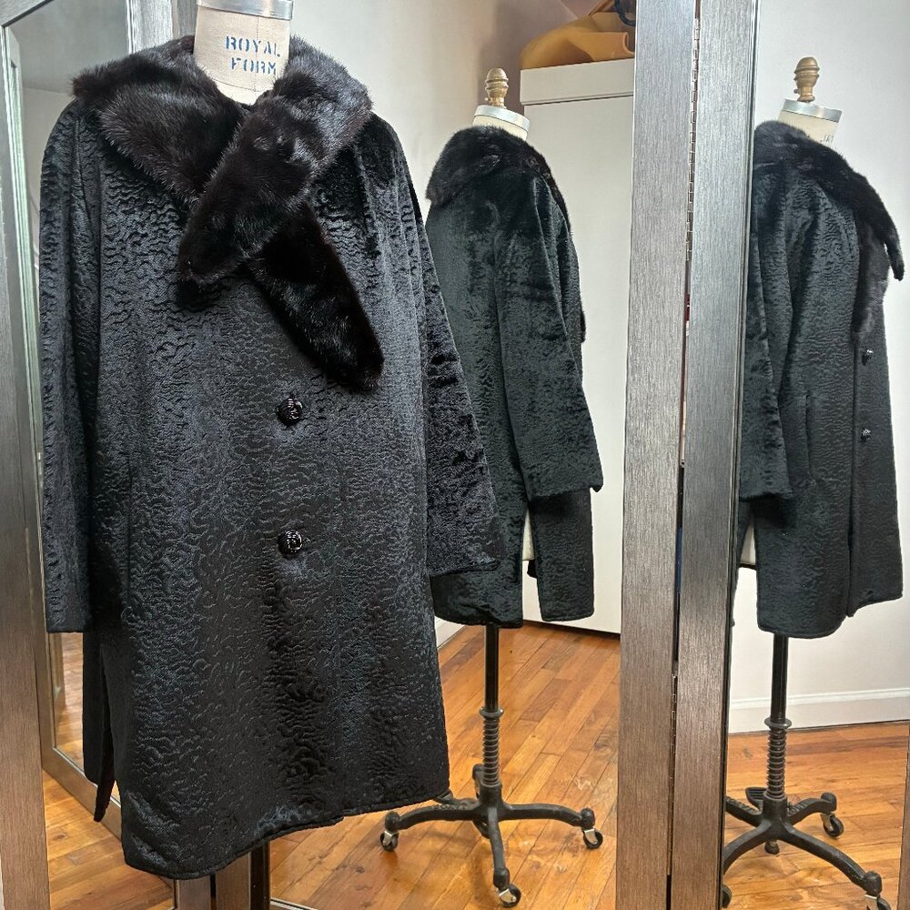Black Lambswool Coat with Mink Collar, Size Medium